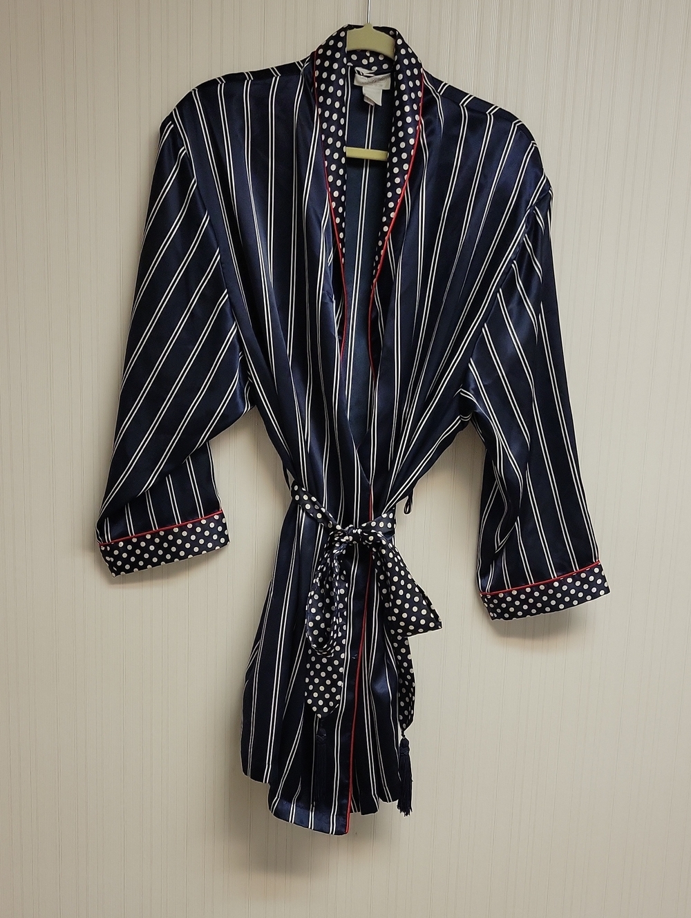 Nordstrom Navy Striped Satin Robe with Polka Dot Trim M/L Loungewear